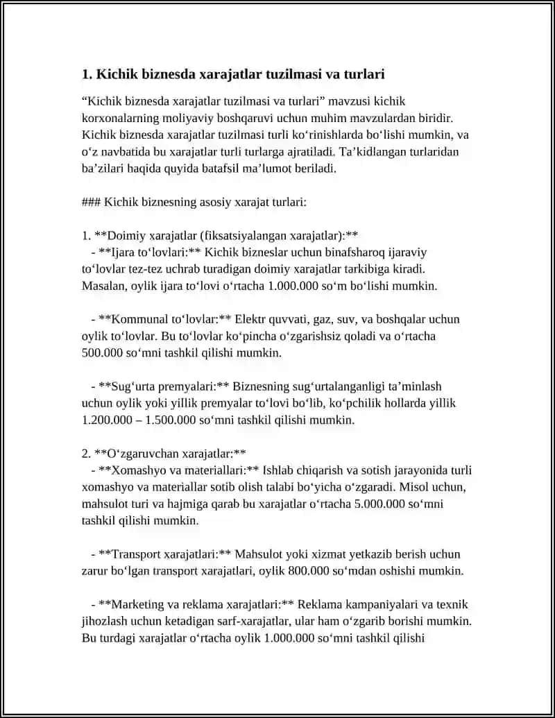 Kichik biznesda xarajatlar tuzilmasi va turlari 3