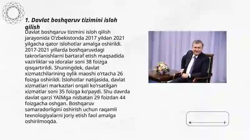 O'zbekiston Prezidenti Shavkat Mirziyoyev raxbarligi va tashabbusi ostida amalga oshirilayotgan islohotlar 3