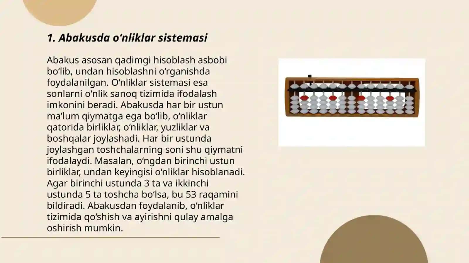 Abakusda oʻnliklar va birliklarni ifodalash 3