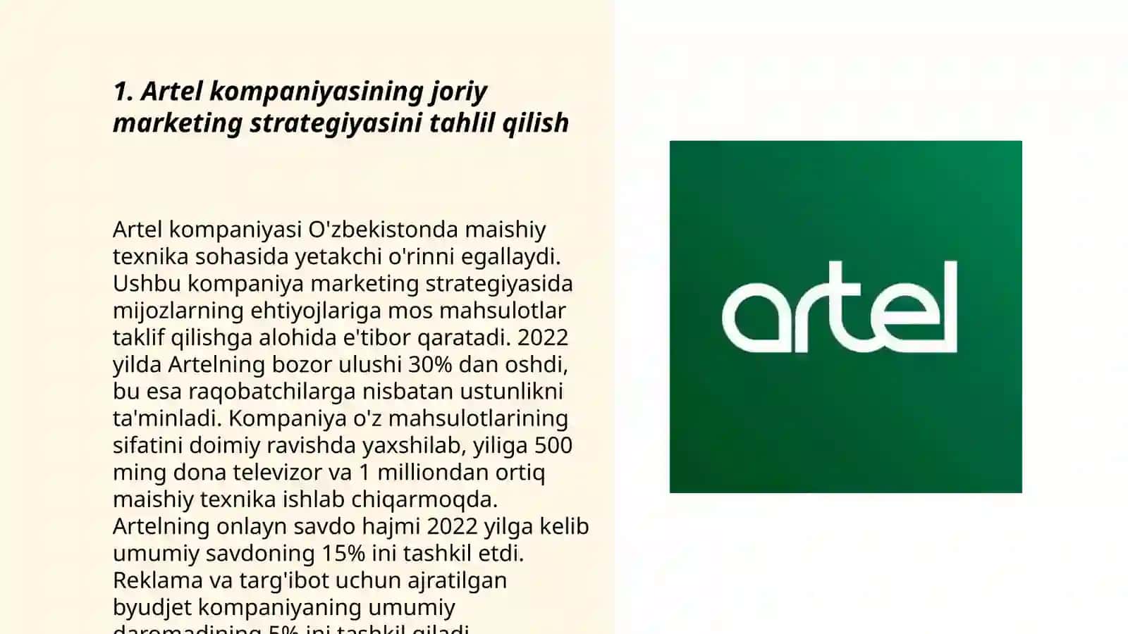 Artel kompaniyasining marketing strategiyasini ishlab chiqish va uni O'zbekiston bozorida segmentlash 3