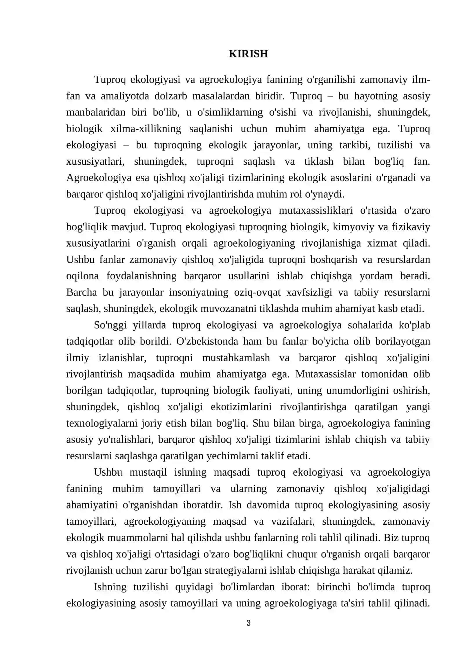 Tuproq ekologiyasi va agroekologiya fanining maqsadi, vazifalari va zamonaviy ahamiyati 3