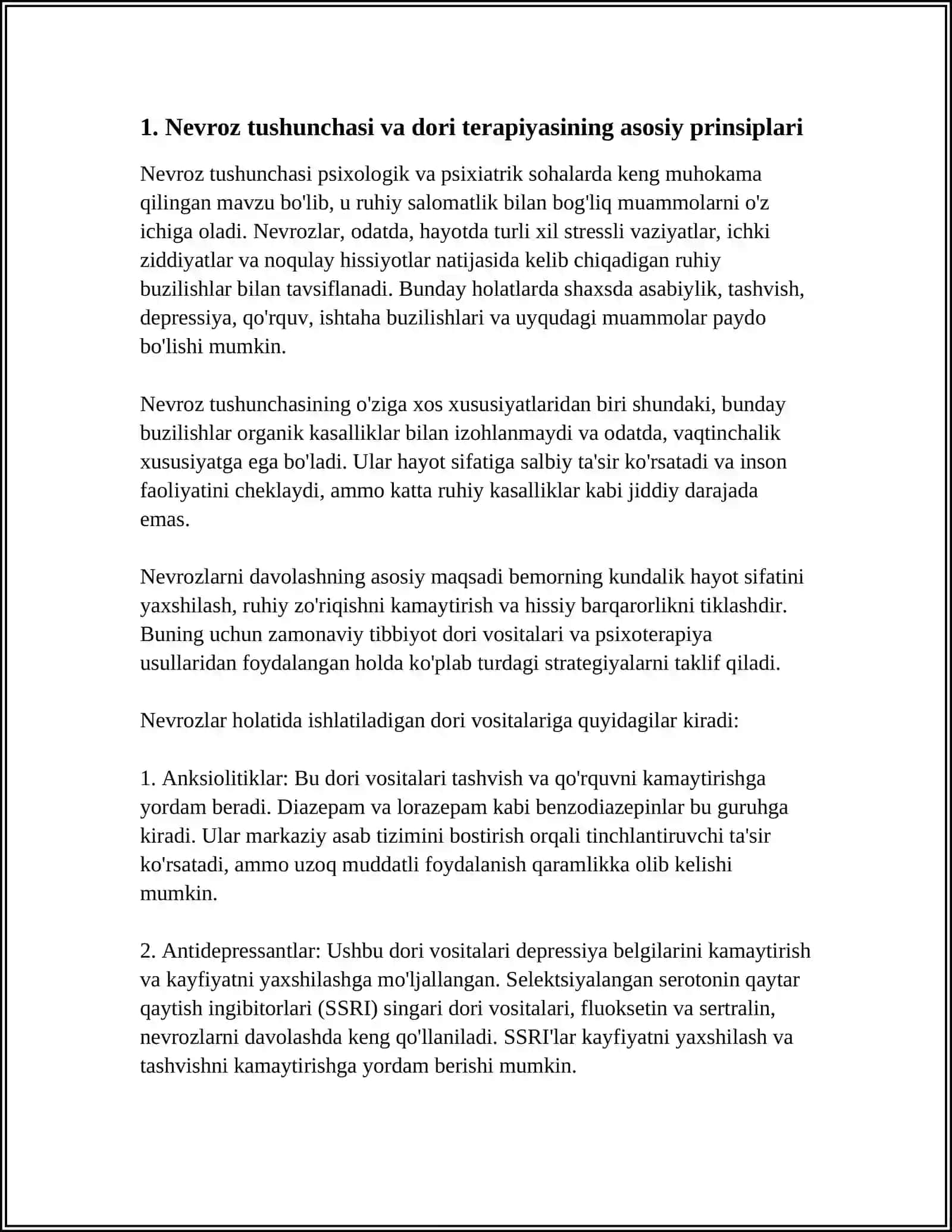 NEVROZ XOLATI VA UNI DAVOLASHDA ISHLATILADIGAN DORI VOSITALARI 3
