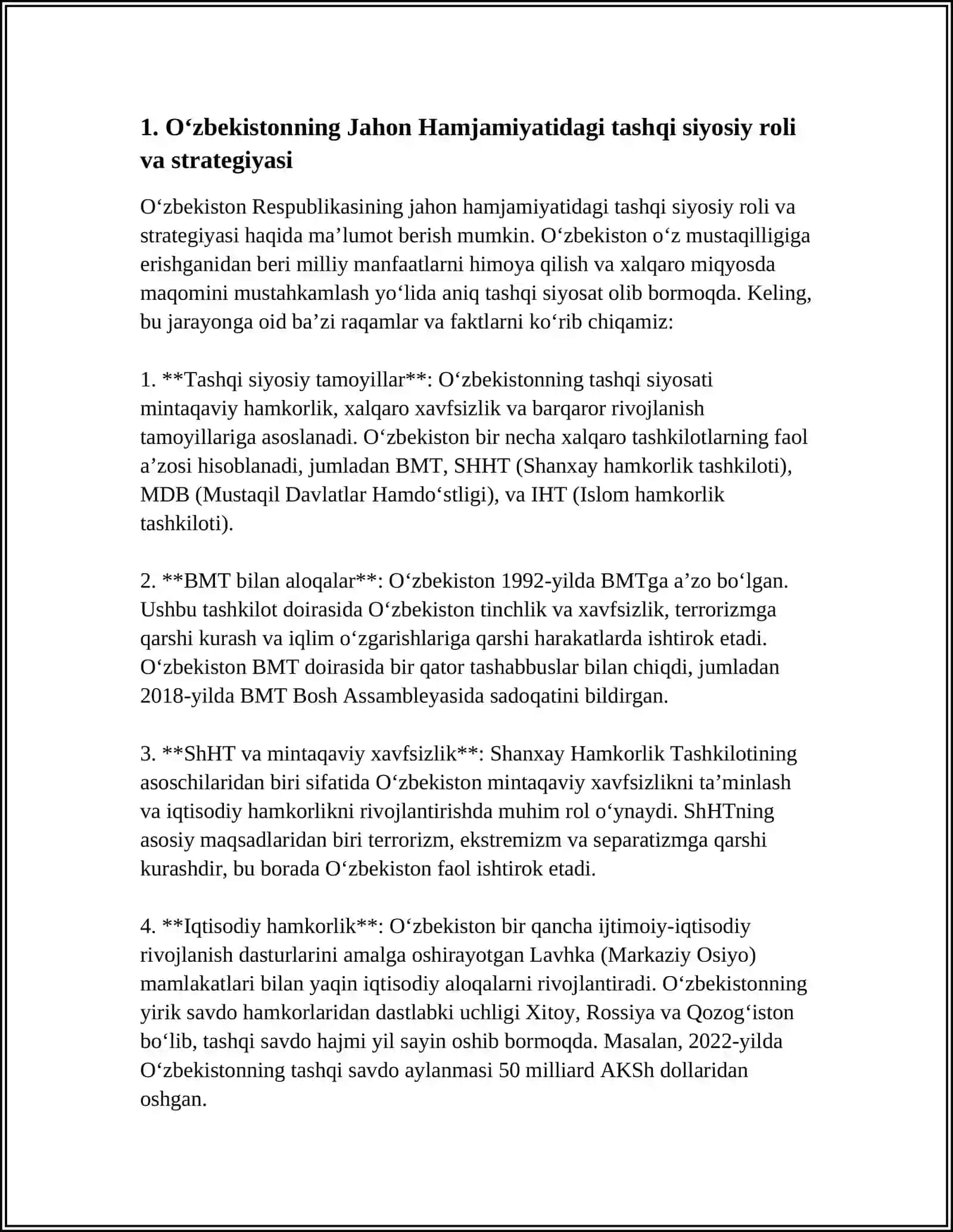 O'zbekistonning Jahon Hamjamiyatidagi tashqi siyosiy roli va strategiyasi 3