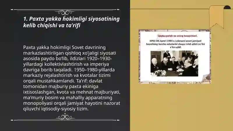 Oʻzbekistonda 80-90 yillardagi ijtimoiy siyosiy vaziyat:paxta yakka hokimligi va qatagʻonliklar 3