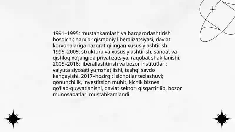O'zbekistonda iqtisodiyot islohotlarining amalga oshirilishi bozor munosabatlarining shakillanishi 3