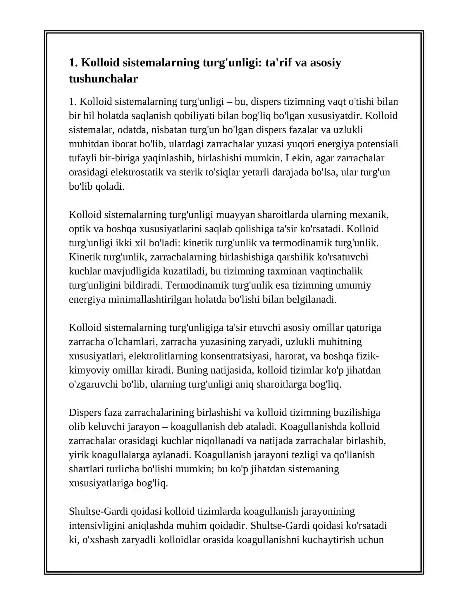 Kolloid Sistemalar Turg'unligi. Koagullanish. Shultse-Gardi Qoidasi 3