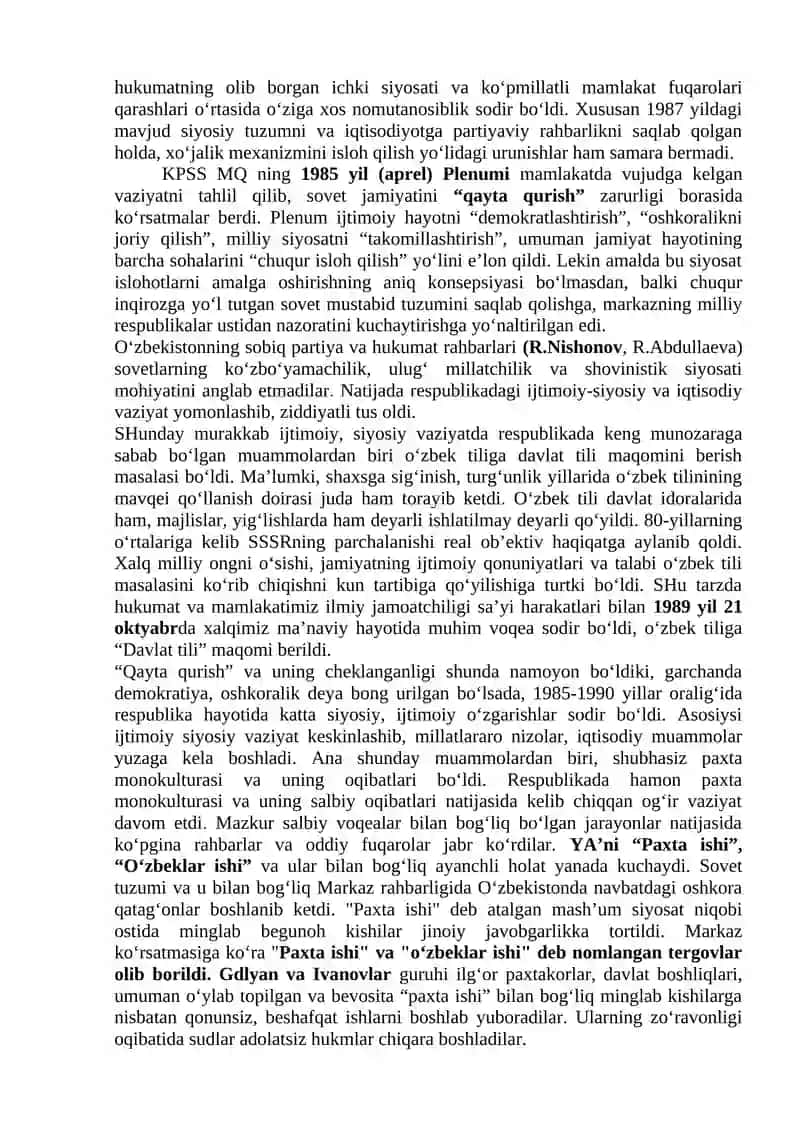 Mustaqillikka erishish arafasida O‘zbekistondagi ijtimoiy-siyosiy jarayonlar 3