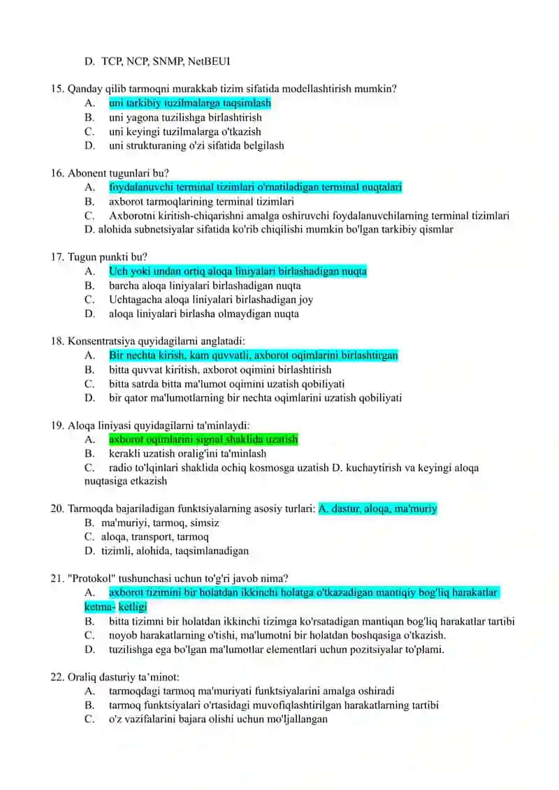 Kompyuter tarmoqlari fanidan test 200 talik, javoblari bilan 3