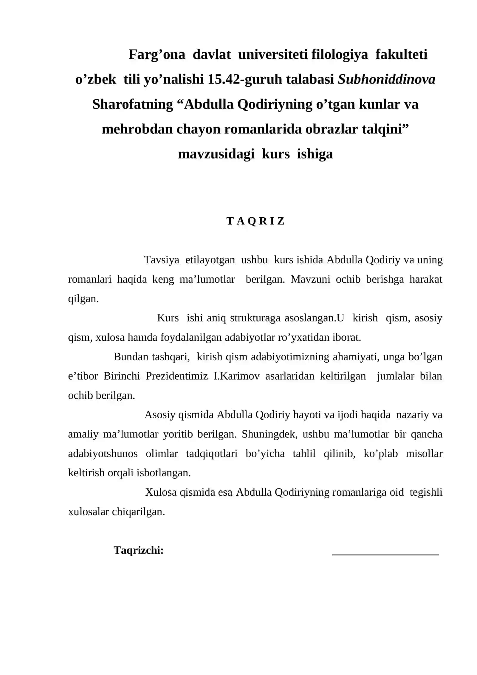 "Abdulla Qodiriyning “O’tgan kunlar” va “Mehrobdan chayon” romanlarida obrazlar talqini" 3