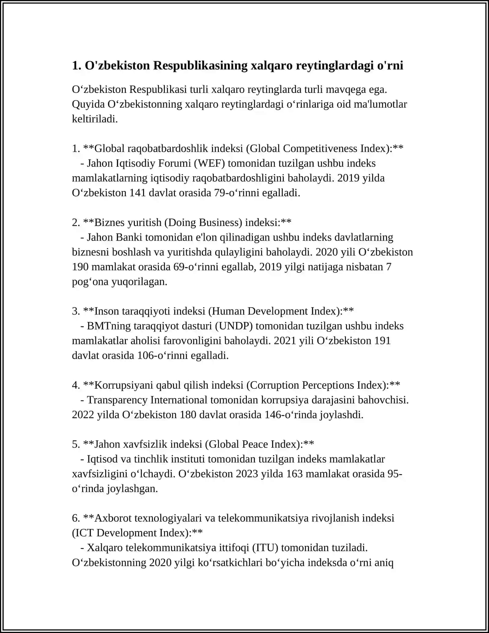 O'ZBEKISTON RESPUBLIKASINING XALQARO REYTING VA INDEKSLARDAGI O'RNI VA NUFUZI ORTIB BORISHI 3