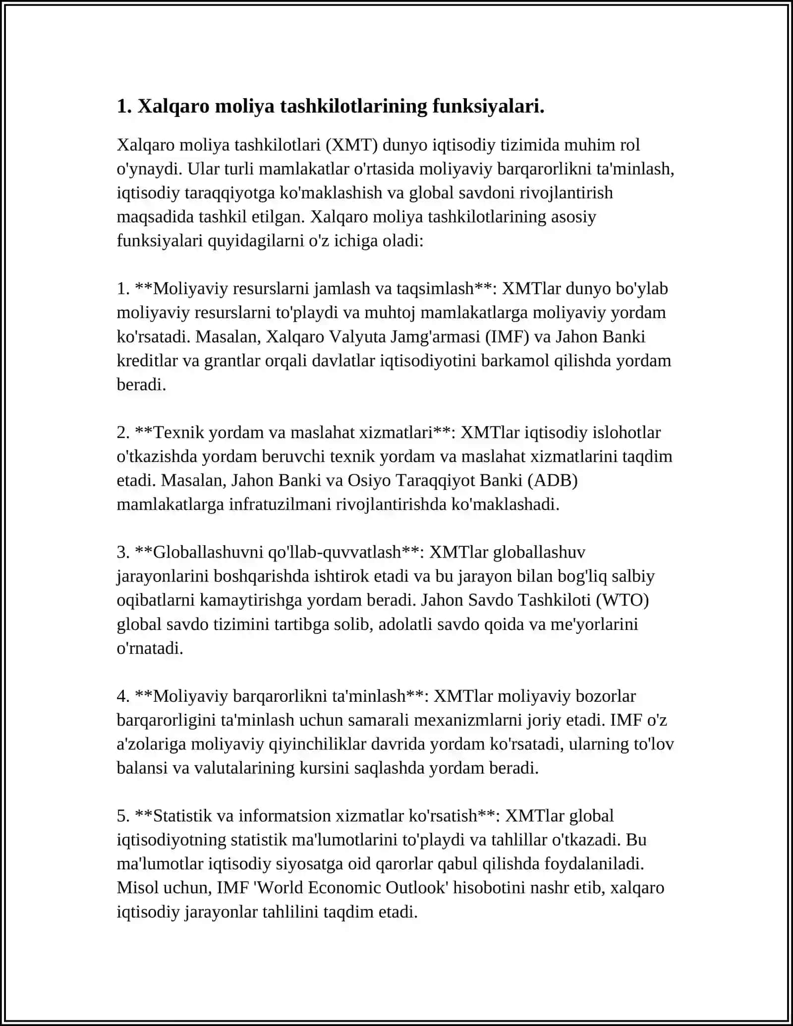 Xalqaro Moliya Tashkilotlarining Jahon Xo’jaligini Rivojlantirishdagi O’rni 3