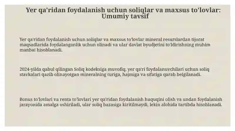 Yer qa'ridan foydalanish uchun soliqlar va maxsus to'lovlar 3