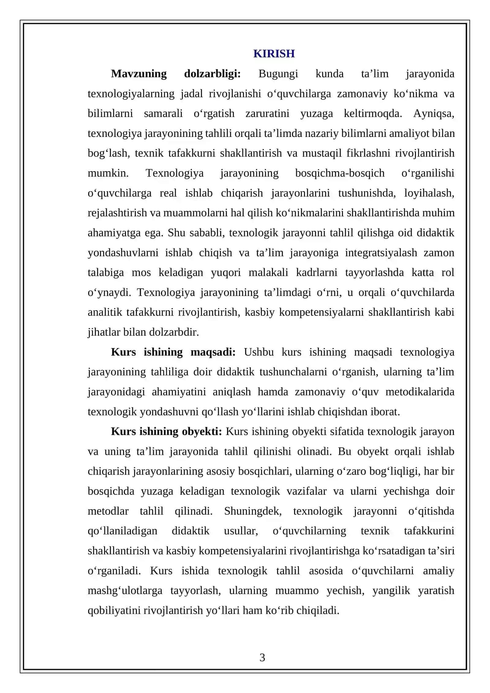 TEXNOLOGIYA JARAYONINING TAHLILIGA DIDAKTIK TUSHUNCHA KURS ISHI 3