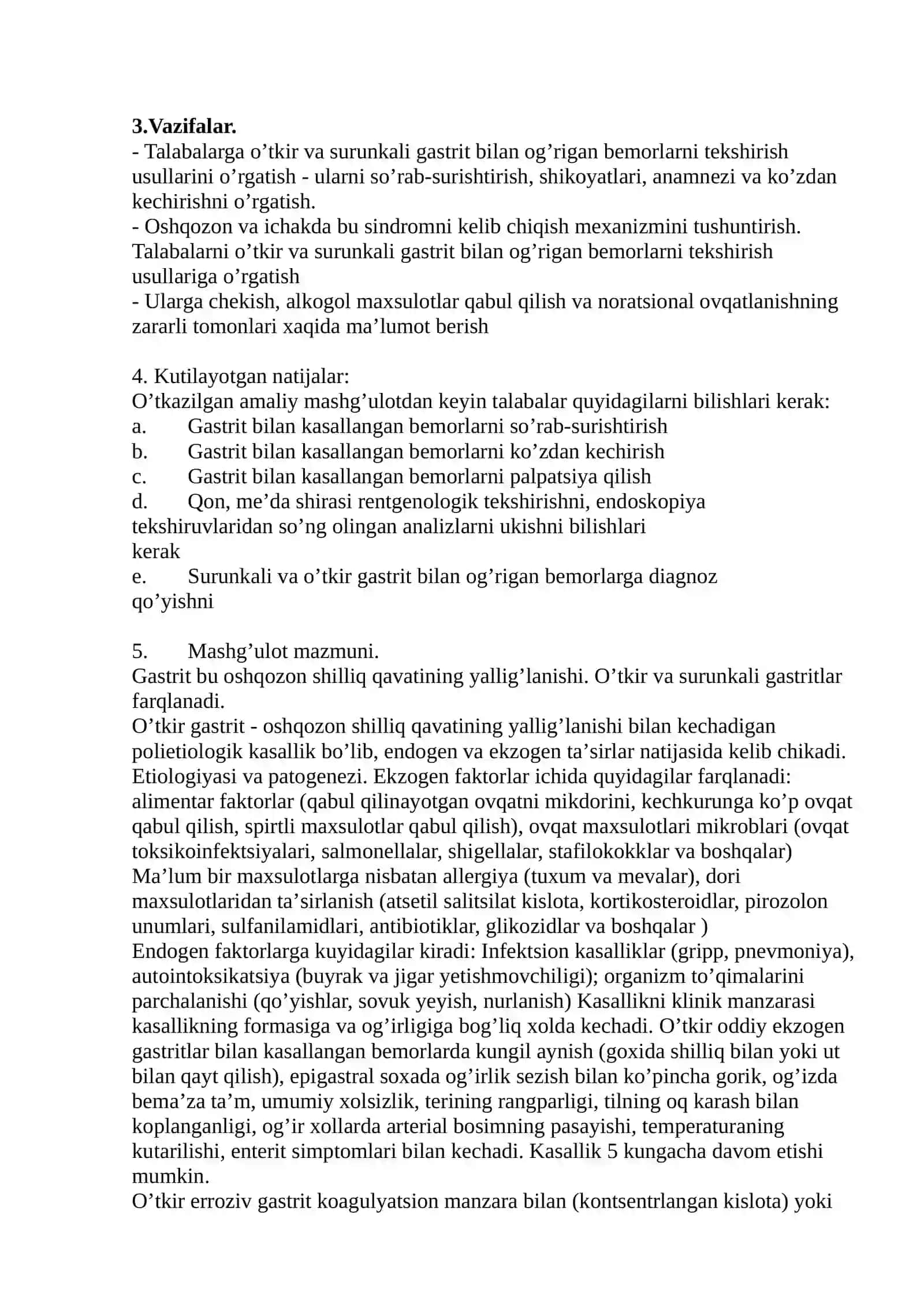 Gastritlar simptomatologiyasi (oʼtkir va surunkali) Meʼda va 12 barmoqli ichak yara kasalliklari va ularning simptomatologiya. Enterit va kolitlar simptomatologiyasi 3