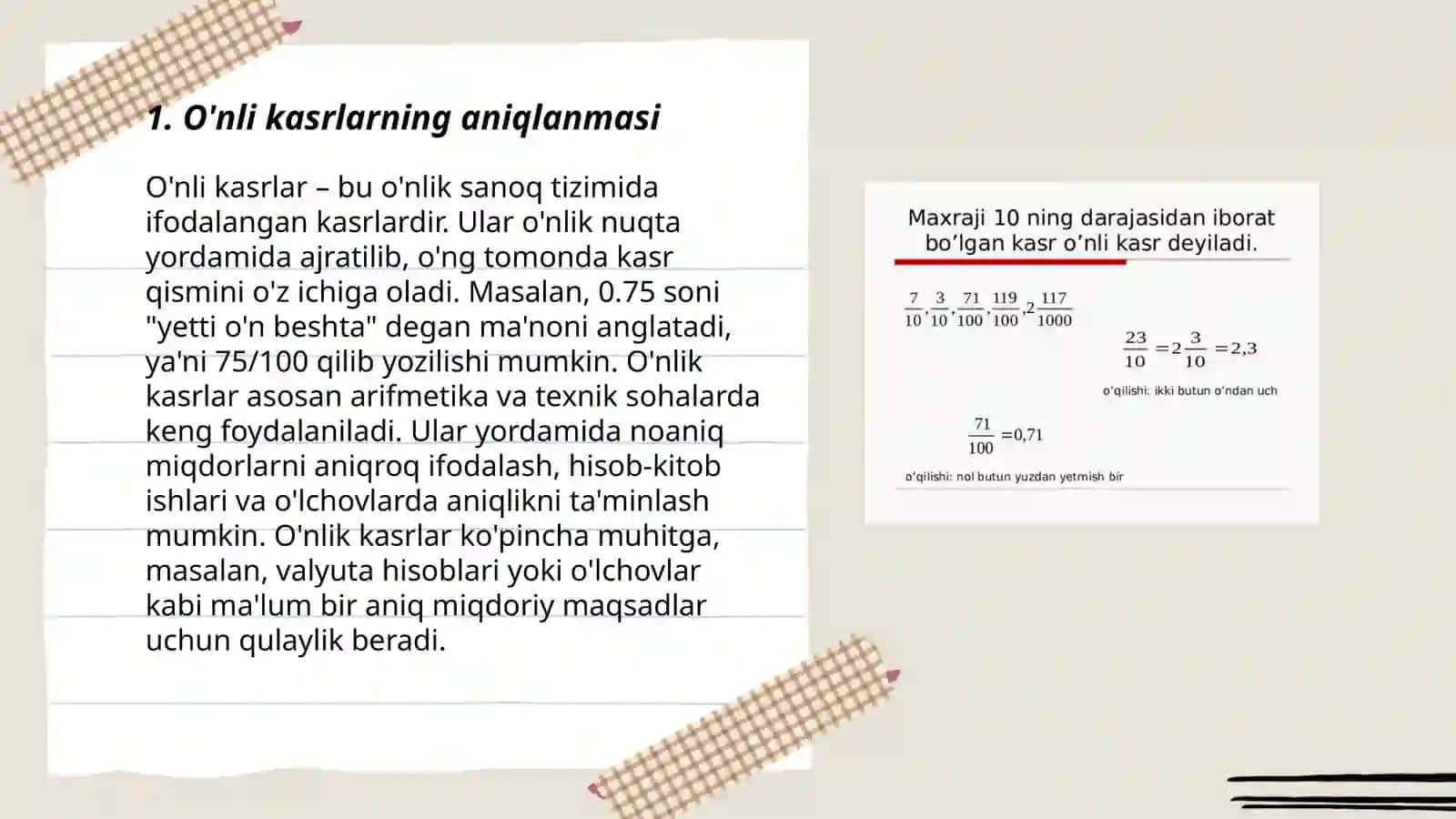 O’nli kasrlar va ular ustida arifmetik amallar 3