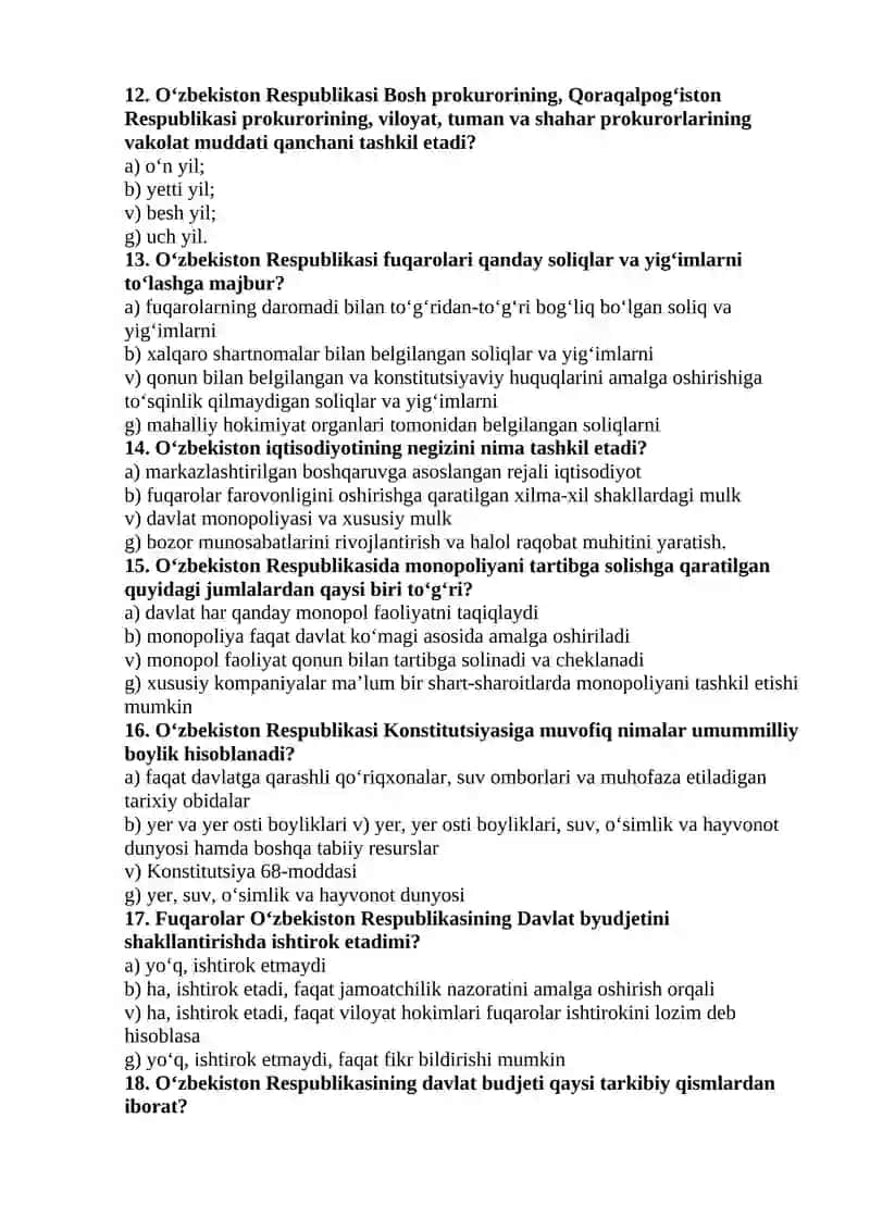Yangi tahrirdagi Konstitutsiyaning mazmun-mohiyatini ochib beruvchi test savollari 3