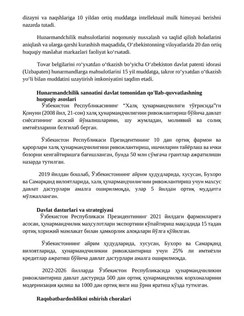 Hunarmandchilik tarmoqlarini davlat tomonidan qoʻllab-quvvatlashning meyoriy-huquqiy asoslari 3