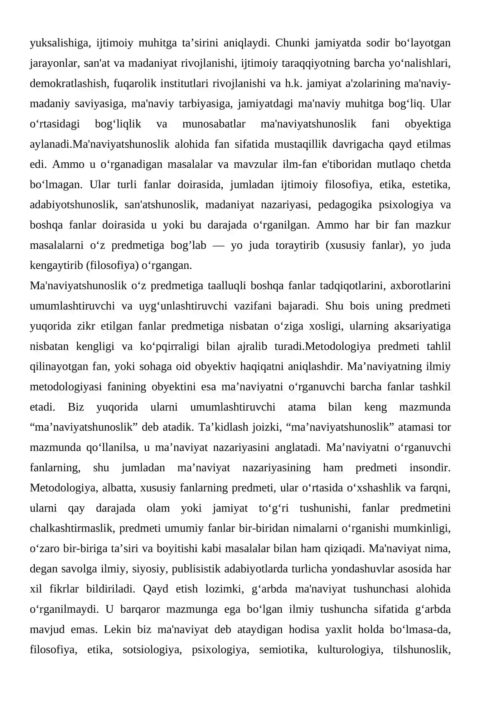Ma’naviyatshunoslik fanining ob’ekti, predmeti va ma’naviyatning jamiyat hayotidagi o‘rni 3