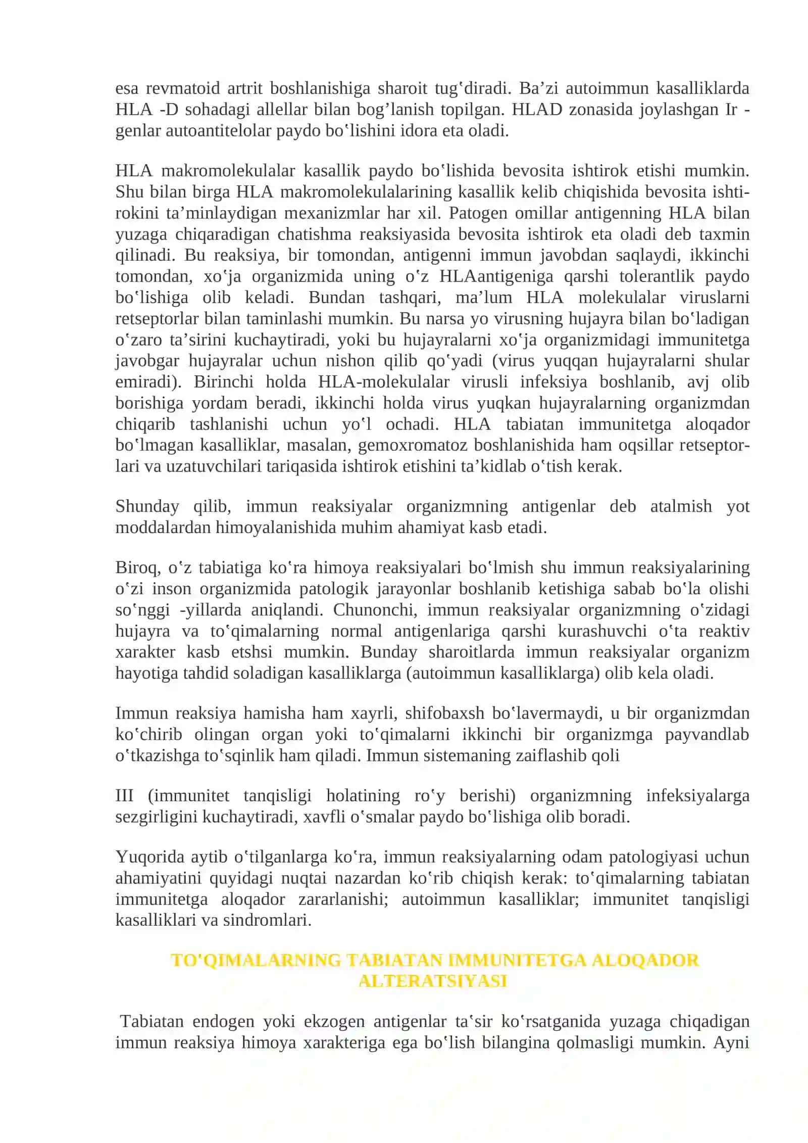 Mavzu 6:Immun buzilishlar.Immun sistemasi xujayralari. HLA va kasalliklar bilan bog‘liqligi. Immun sistemasi buzilishlari. I tipdagi allergiya (anafilaktik tipi). II tipdagi allergiya. III tipdagi o‘ta sezuvchanlik (immun komplekslar orqali). IV tipdagio‘ta sezuvchanlik (xujayralar orqali). Immunologik tolerantlik. Autoimmnun kasalliklar mexanizmlari. Immun tanqislik sindromlari 3