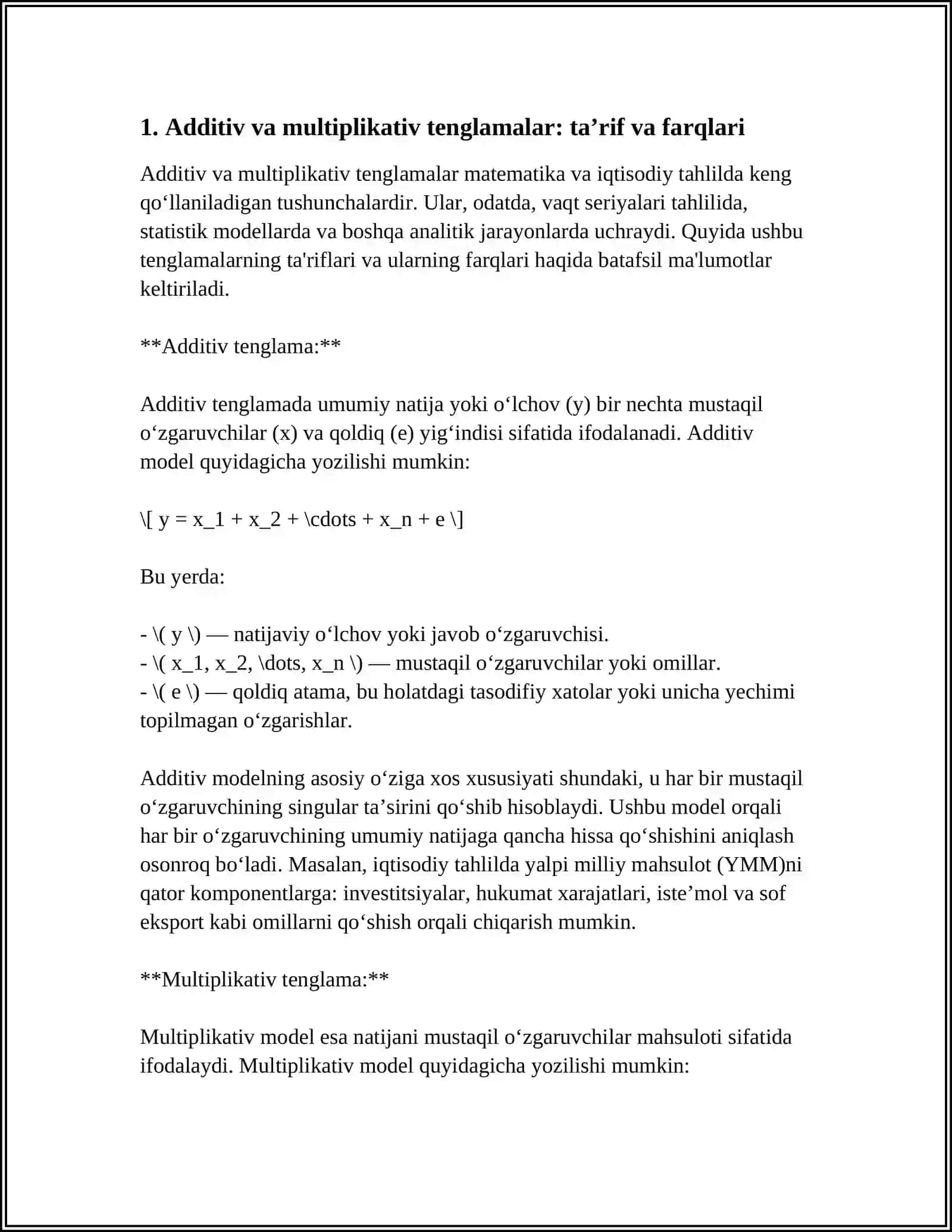 ADDITIV VA MULTIPLIKATIV EKONOMETRIK MODELLARNI TUZISH 3
