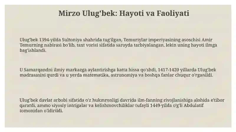 Mirzo Ulug'bek: Hayoti va Faoliyati 3