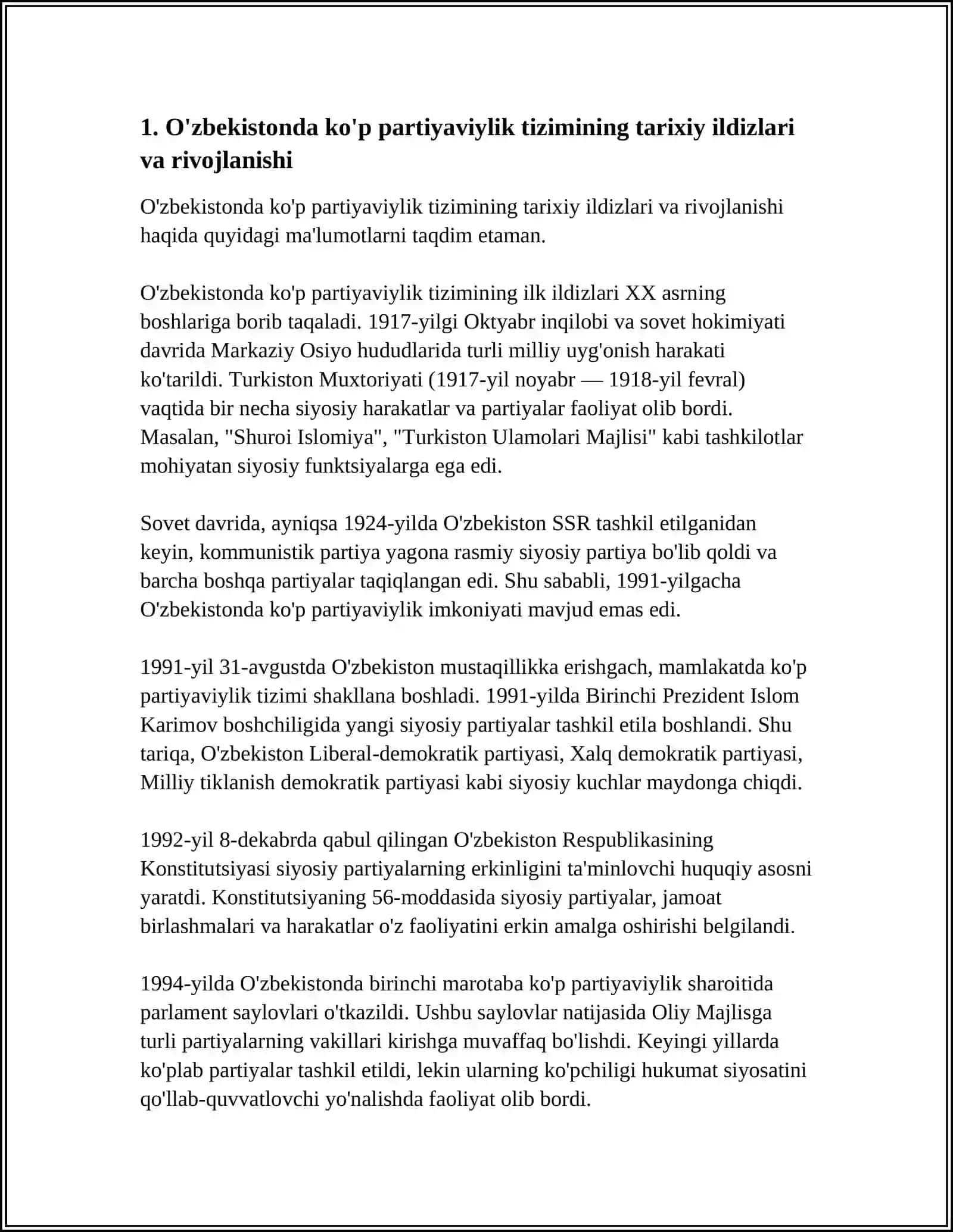 O'zbekistonda ko'ppartiyaviylik tizimining shakllanishi va uning ahamiyati 3