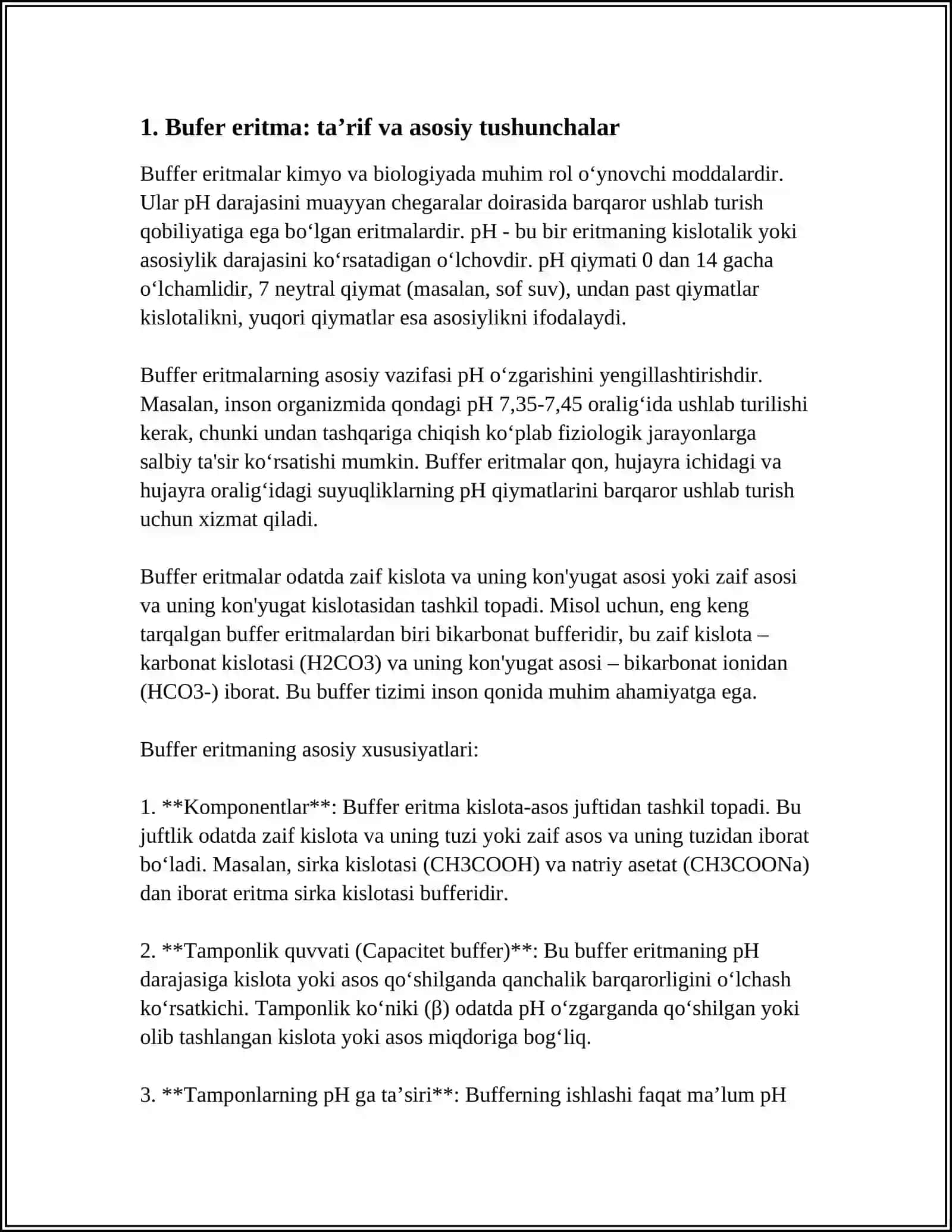 BUFER ERITMALAR VA ULARNING XOSSALARI. BUFER SIGʻIMI. BUFER SISTEMALARDA PH NI HISOBLASH 3