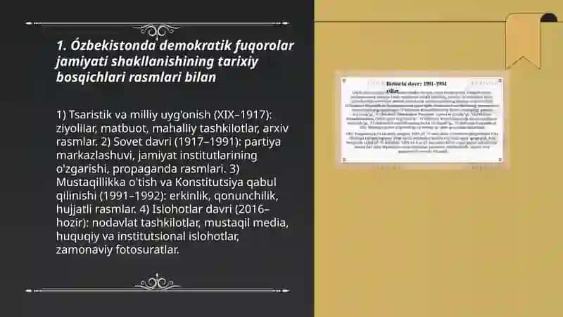 Ózbekistonda demokratik fuqorolar jamiyati shakllanishining tarixiy bosqichlari rasmlari 3