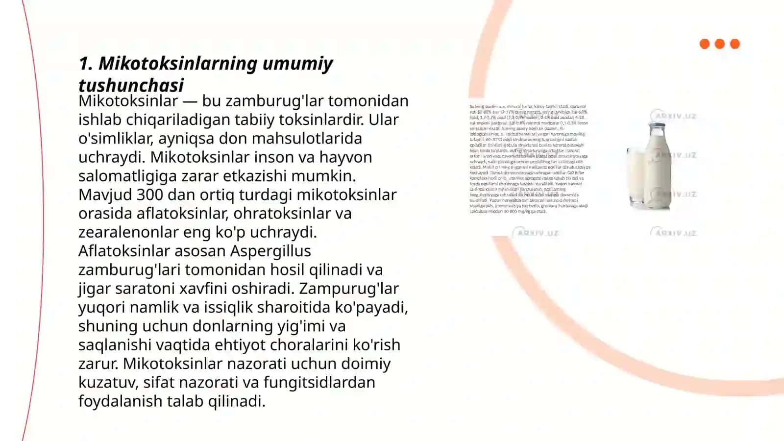 Mikotoksinlar (aflotoksin B), deoksinivalenol (vomitoksin), zearalenon, T-2, toksin, patulin-ularning oziq-ovqat xom ashyosida, o'simlik manbalarida, aflatoksin M, sut va sut mahsulotlarida tartibga solinishi 3