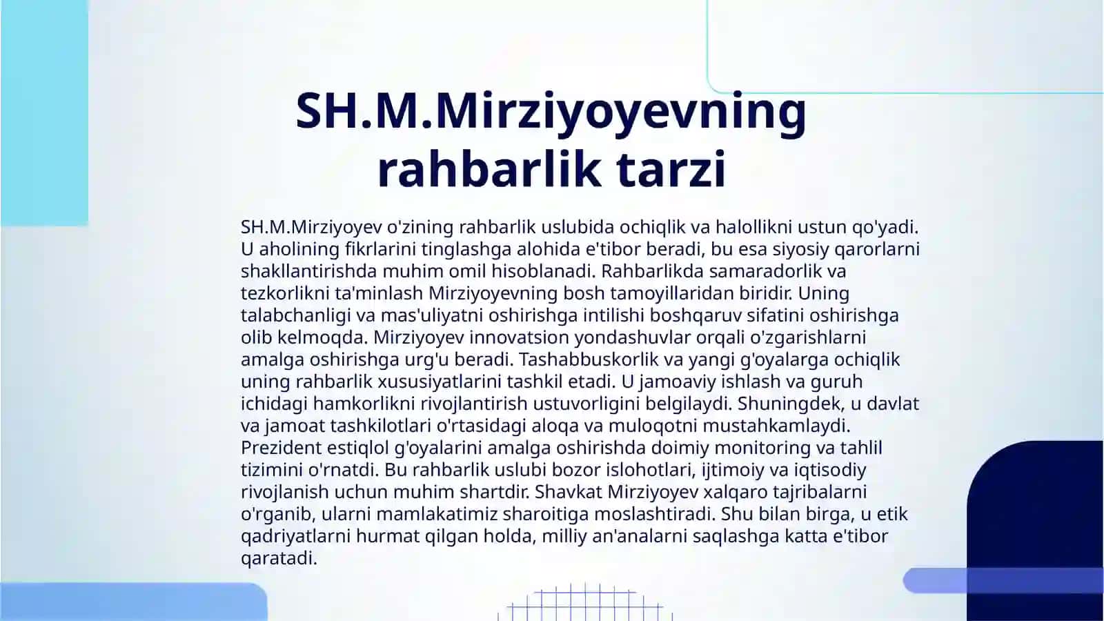 O'ZBEKISTON RESPUBLIKASI PREZIDENTI SH.M.MIRZIYOYEV YANGI O'ZBEKISTONNING NOVATOR RAHBARI SIFATIDA 3