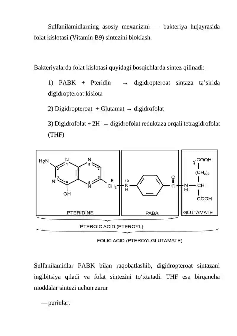 Sulfanilamid preparatlarining bakteriostatik mexanizmi Biokimyo 3