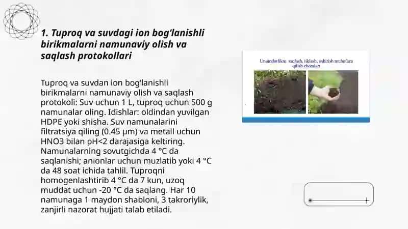 Tuproq va suvning ifloslanishda ion bogʻlanishli birikmalarni aniqlab ulardan tozalash usulini ishlab chiqish 3