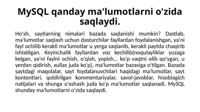 15-mavzu.Zamonaviy ma`lumotlar bazasini boshqarish tizimlari: MySQL 3