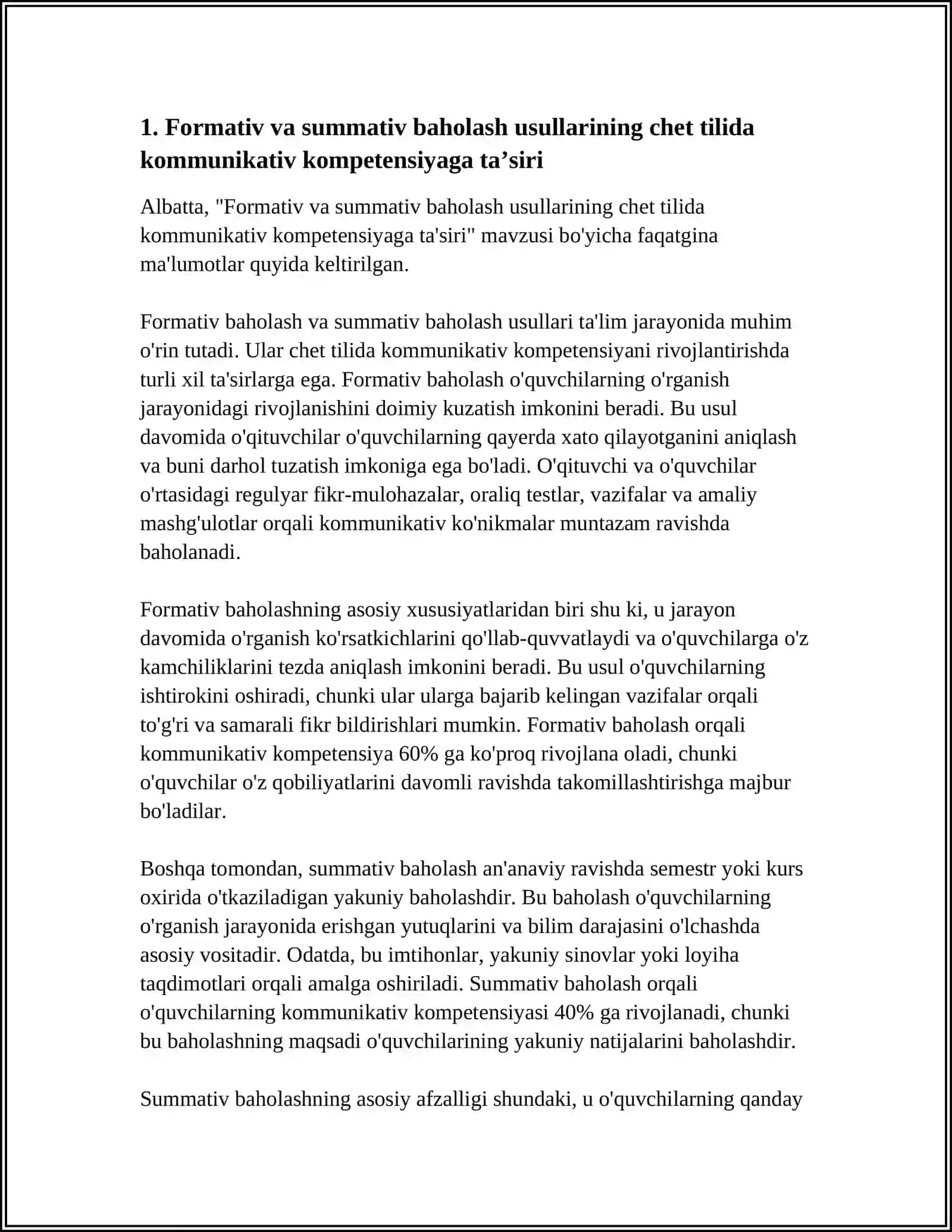 XORIJIY TIL DARSLARIDA FORMATIVE VA SUMMATIV BAHOLASH USULLARINI SAMARADORLIGINI TAQQOSLASH 3