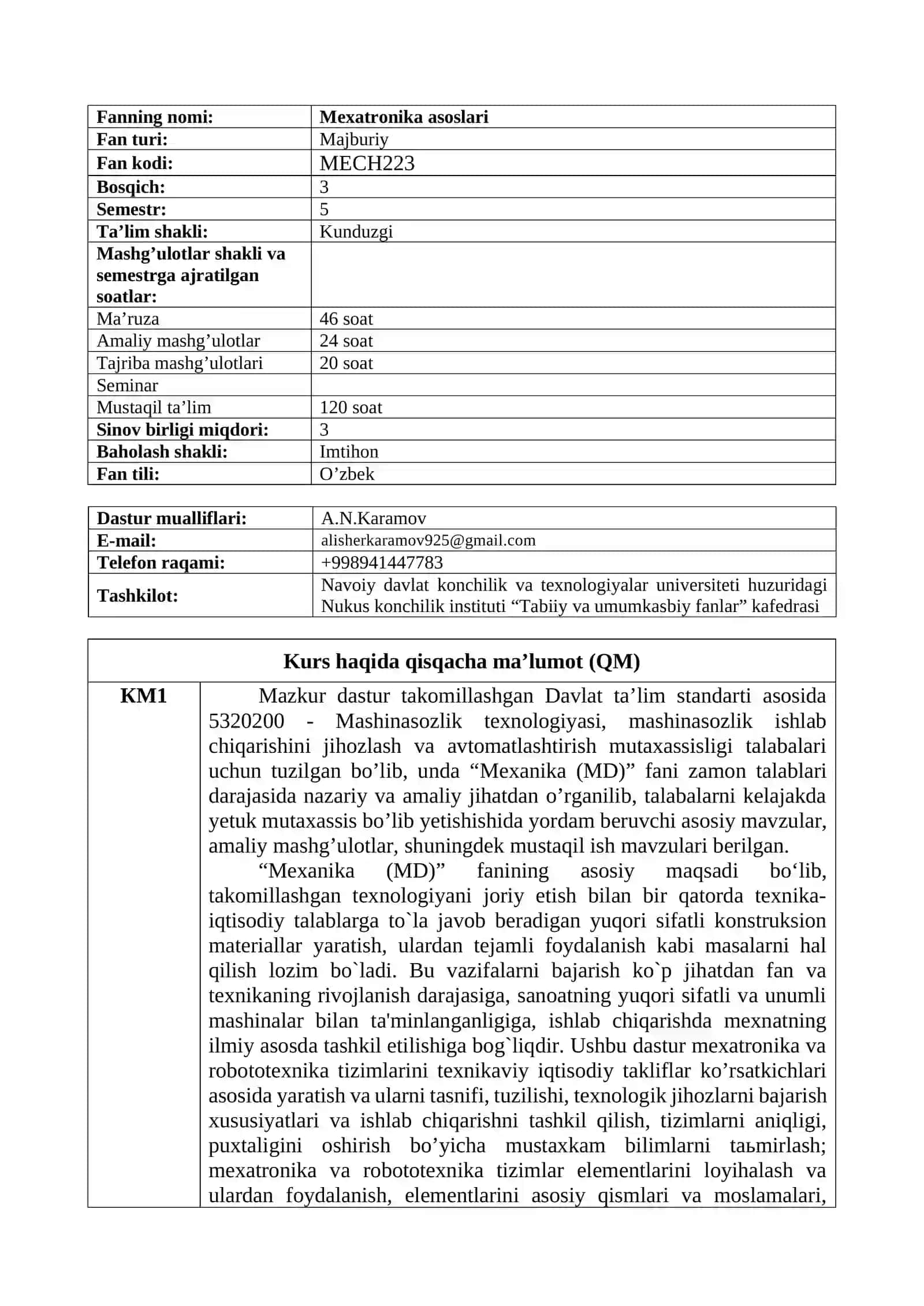 Mexanika (MD) fanining ISHCHI O’QUV DASTURI (SYLLABUS) 3