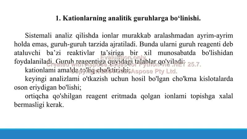 1. Kationlarning analitik guruhlar bo’yicha tasniflari va ularni taqqoslash. Taqdimot 10 bet 3