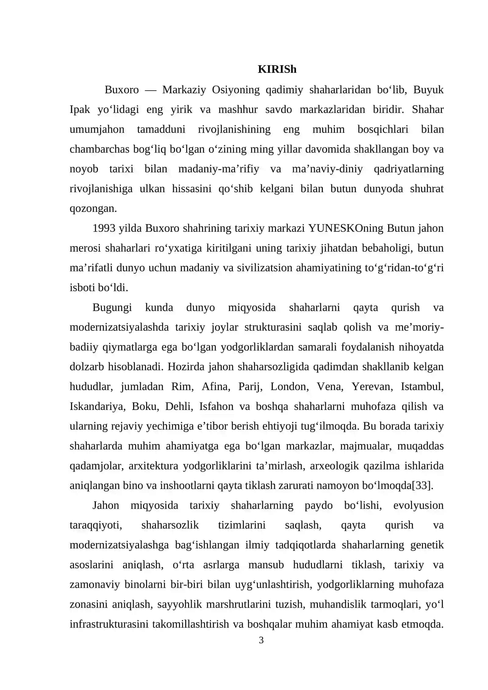 Buxoroning o‘rta asrlardagi shaharsozlik rejaviy an’analarini ilmiy tadqiq qilish va ulardan zamonaviy shaharsozlikda foydalanish BMI 3
