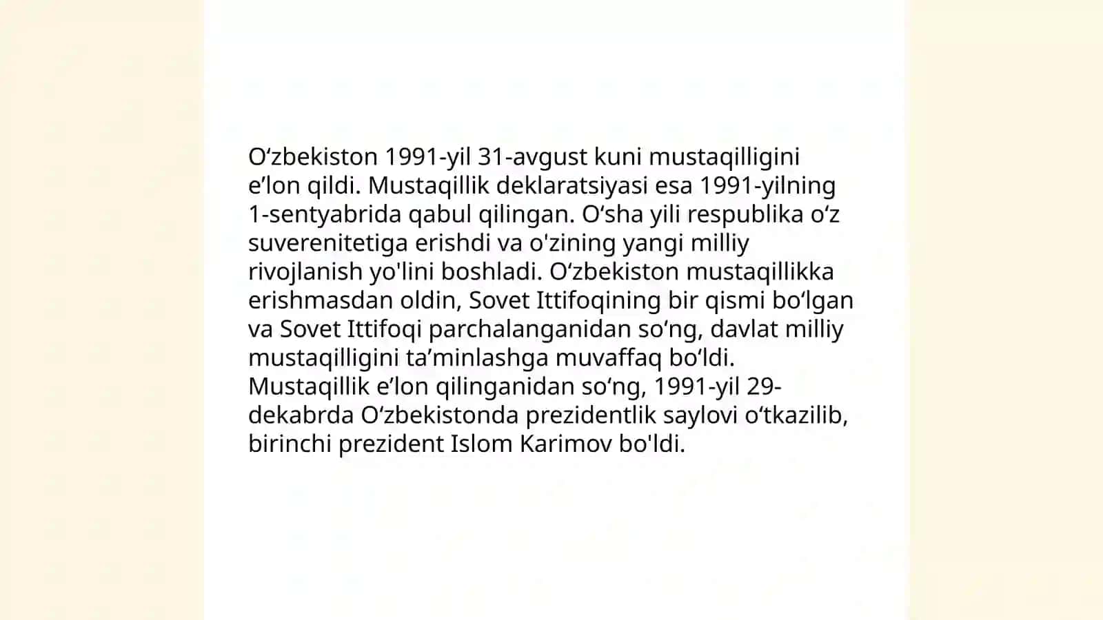 Oʼzbekiston davlat mustaqilligining qoʼlga kiritilishi. Huquqiy demokratik davlat qurish va fuqarolik jamiyatini shakllantirish 3