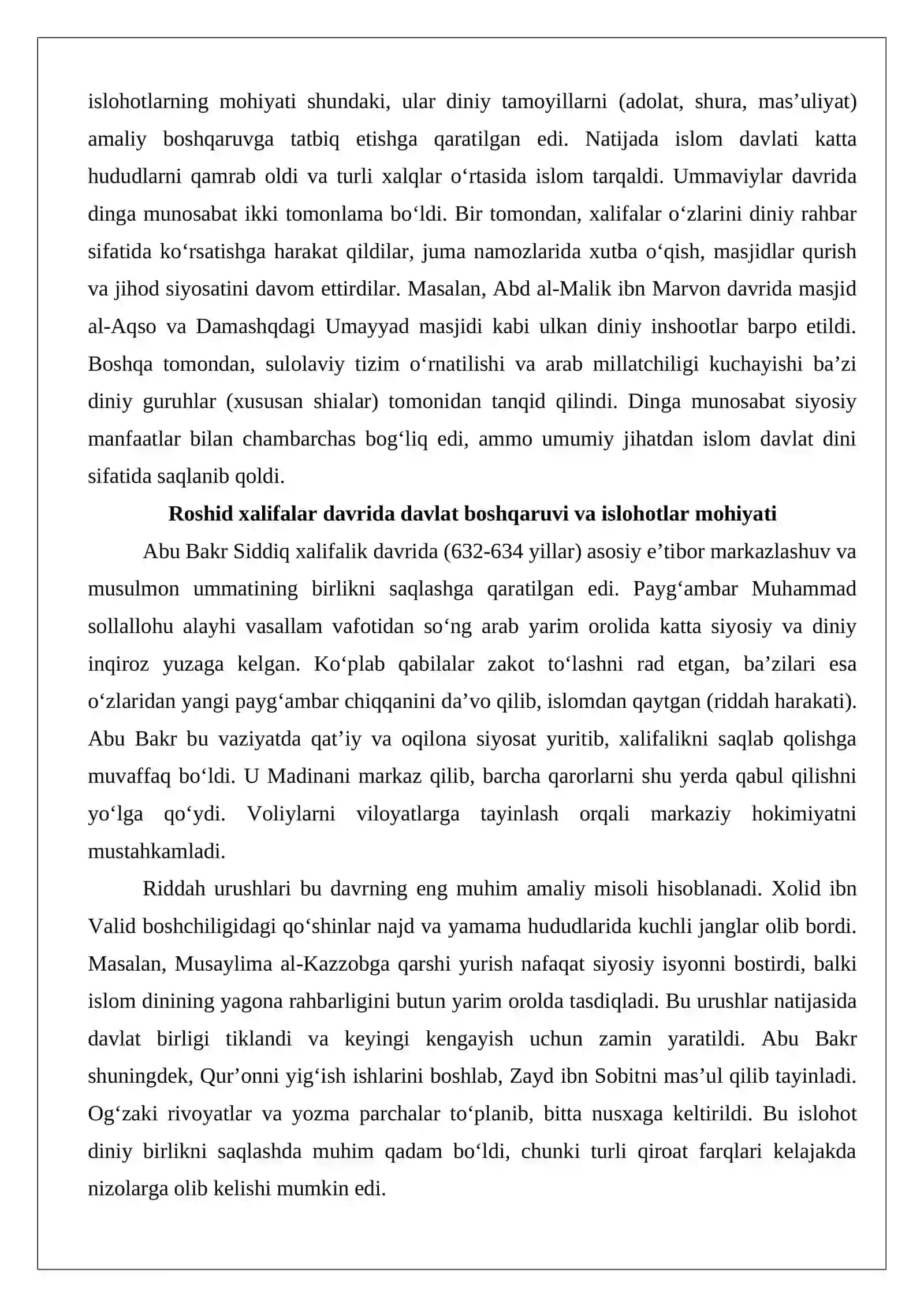 Roshid xalifalar hukumronligi davridagi islohotlarning mohiyati. Ummaviylar va abbosiylar hukmronligi davrida dinga munosabat 3