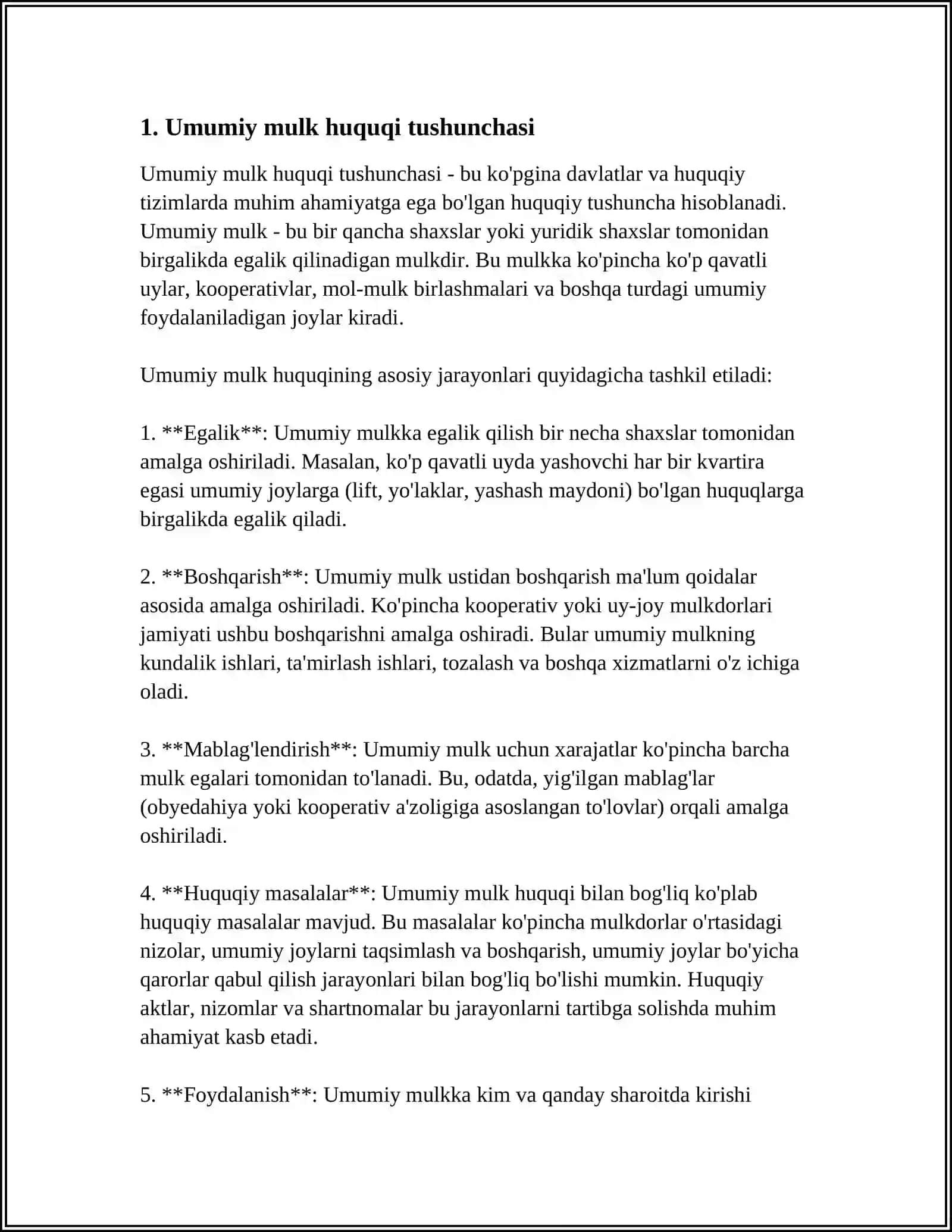 UMUMIY VA BIRGALIKDAGI MULK HUQUQI TUSHUNCHASI: UMUMIY VA BIRGALIKDAGI MULK O’RTASIDAGI FARQLAR; UMUMIY MULK SUBYEKTLARI VA OBYEKTLARI; UMUMIY MULKNI BOSHQARISH QOIDALARI 3