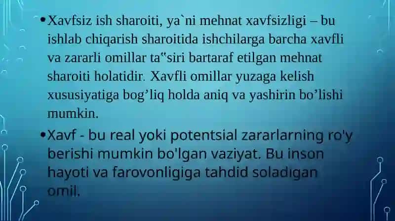 Ishlab chiqarish uskunalariga xavfsizlik talablari. Mehnat sharoiti va ularning elementlari. 3