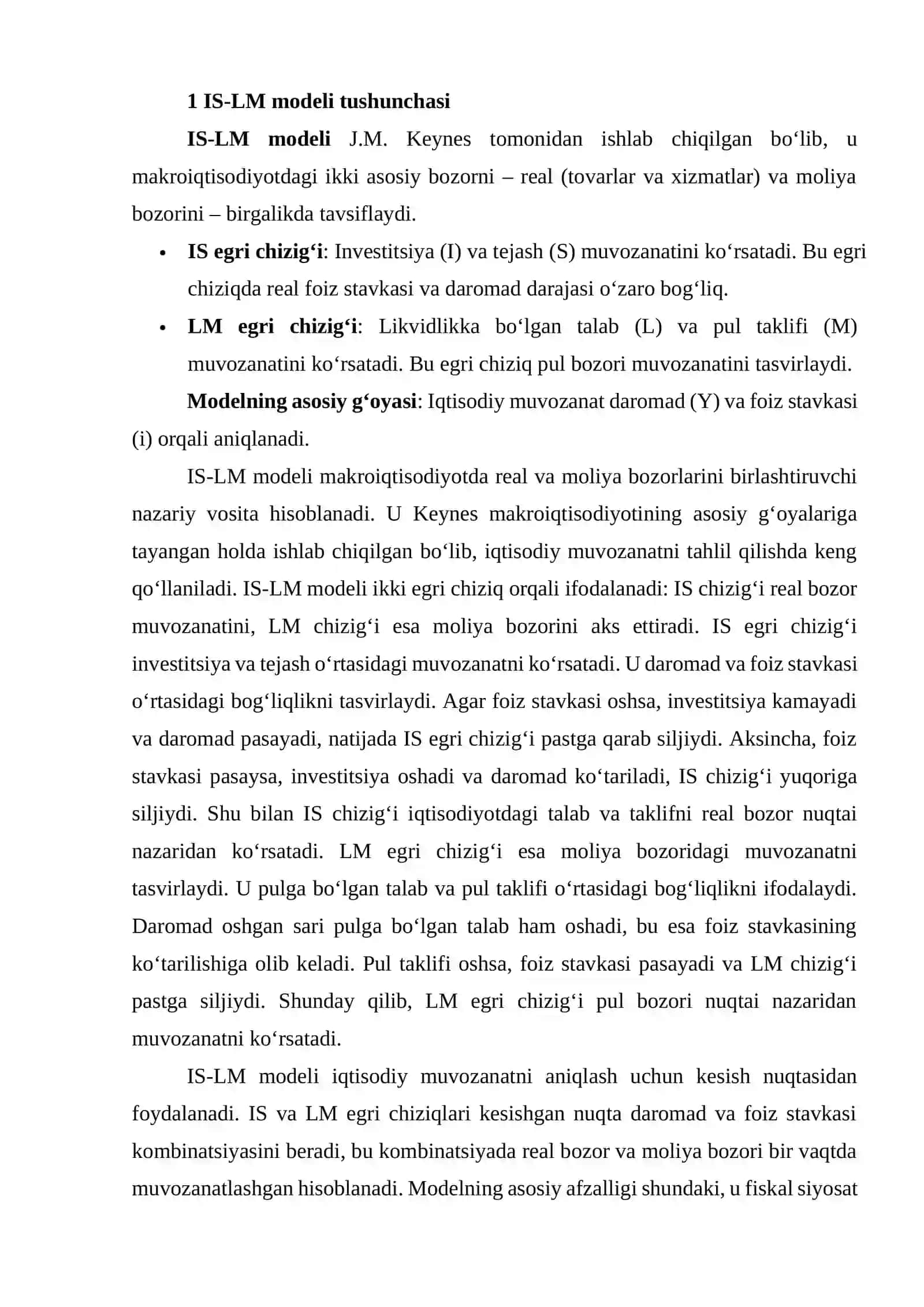 IS-LM MODELI VA UNING REAL VA MOLIYA BOZORIDAGI MUVOZANATNI TASVIRLASH 3