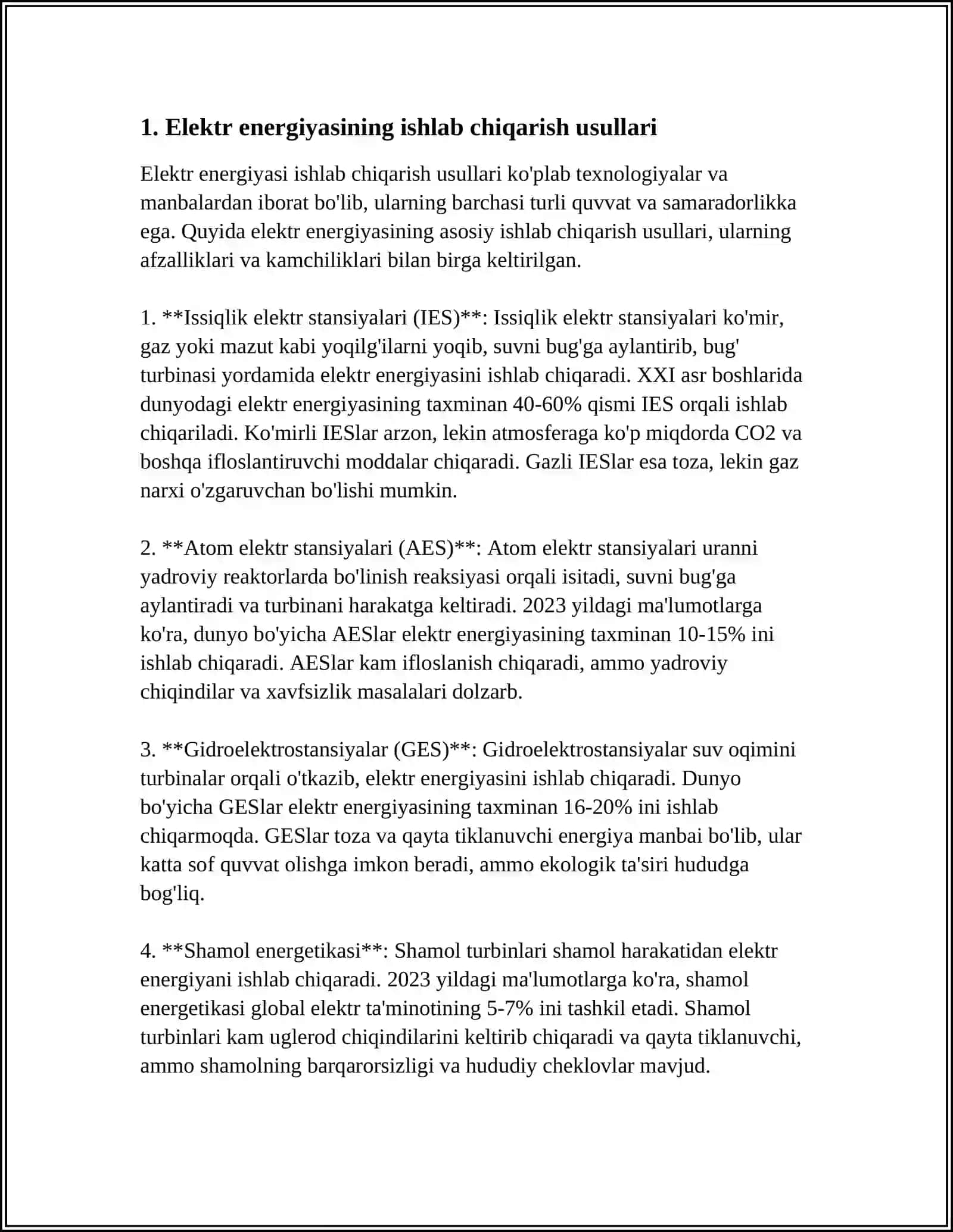 ELEKT ENERGIYASINING ISHLAB CHIQARILISHI, UZATILISHI VA ISTE'MOLI OʻRTASIDAGI BOGʻLIQLIK 3
