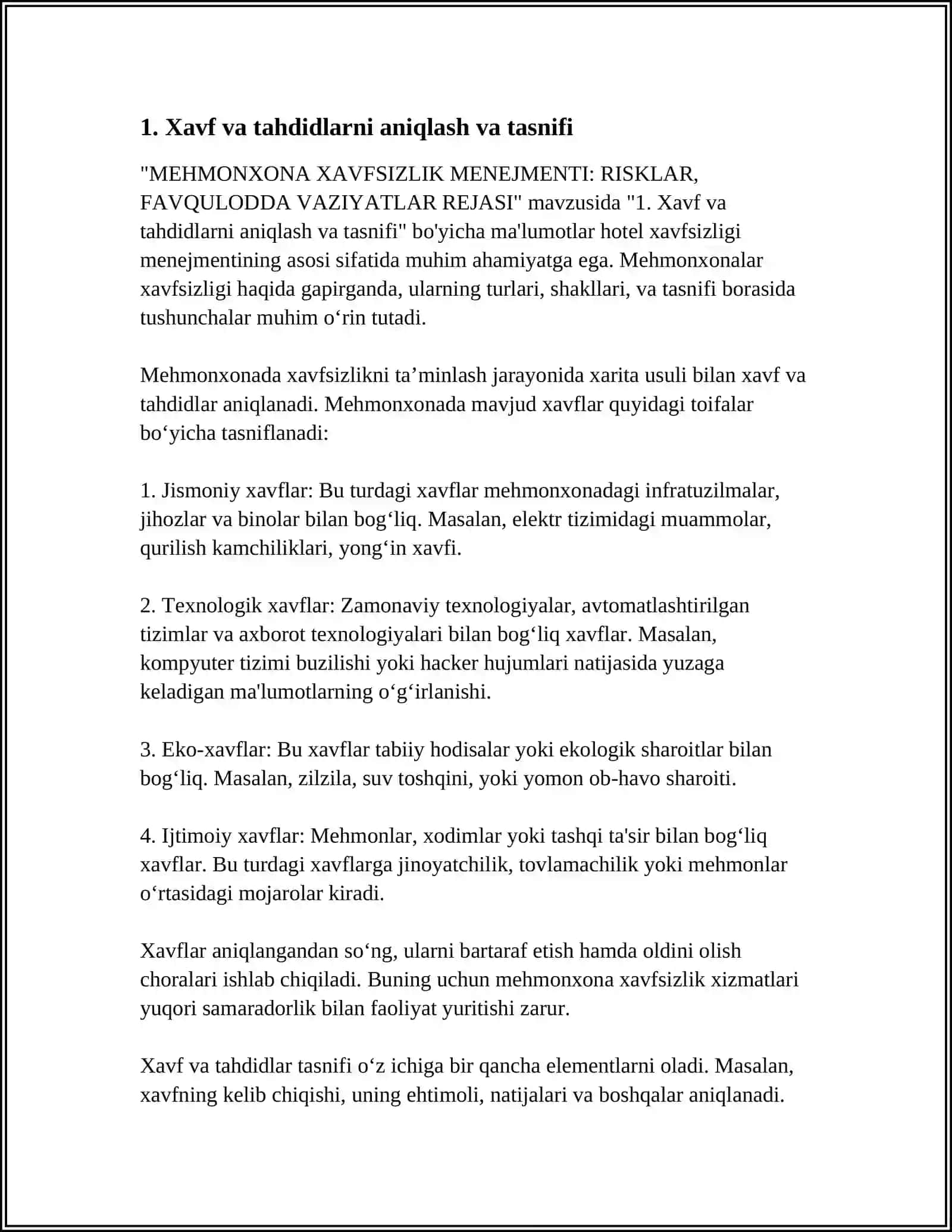 MEHMONXONA XAVFSIZLIK MENEJMENTI:RISKLAR, FAVQULODDA VAZIYATLAR REJASI 3