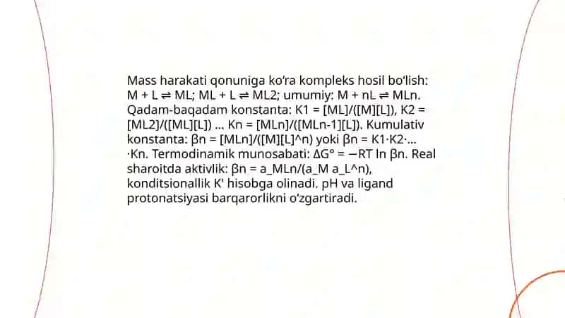 Kompleks birikmalarning eritmadagi muvozanatii. Barqarorlik va beqarorlik konstantalari 3