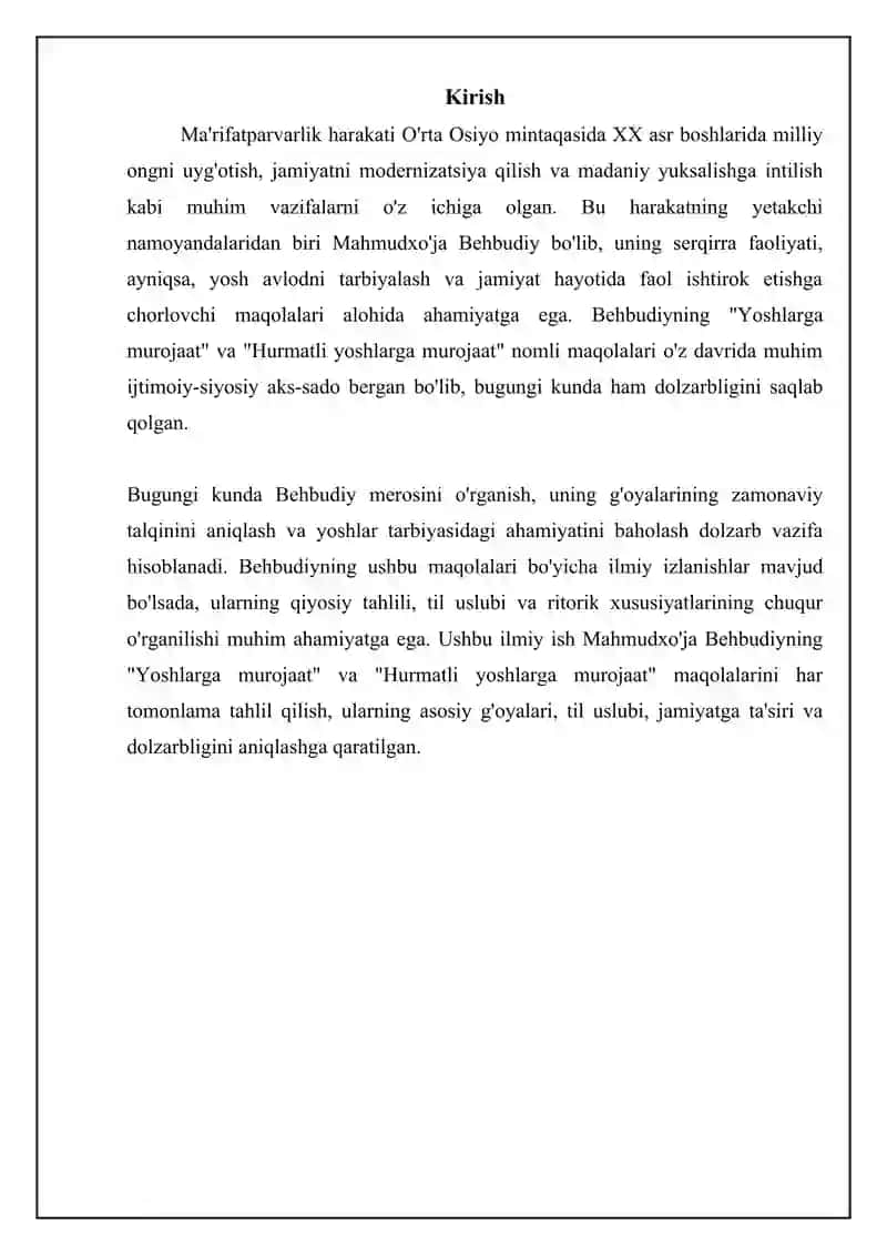 M.Behbudiyning "Yoshlarga murojaat" va "Muhtaram yoshlarga murojaat" maqolalarini tahlil etish 3