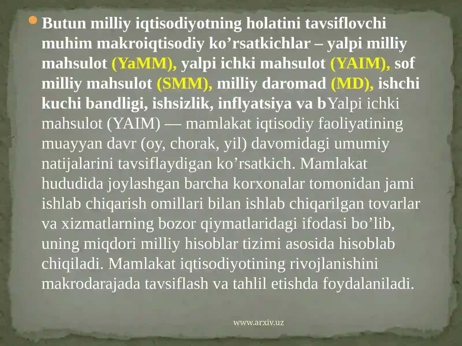 Yalpi ichki mahsulot statistikasi va uning xajmini hisoblash usullari 3