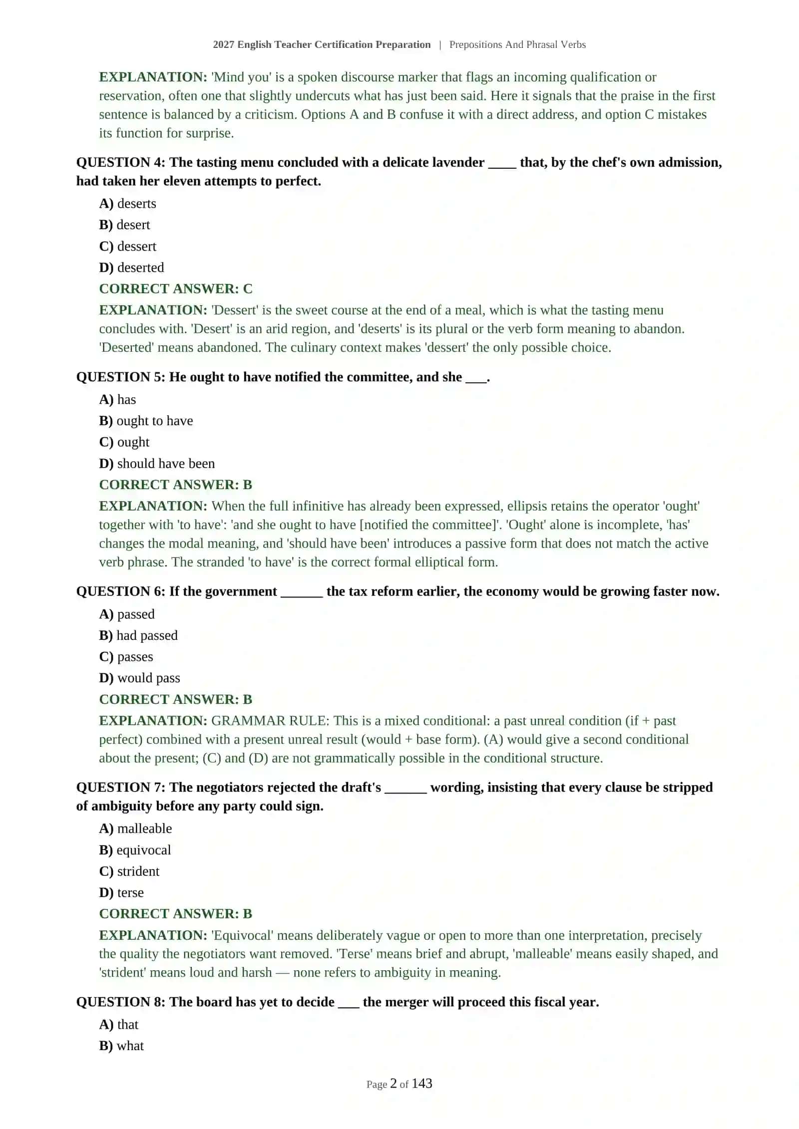 ENGLISH LANGUAGE TEACHER ASSESSMENT - PREPOSITIONS AND PHRASAL VERBS - 2027 CERTIFICATION PREPARATION (600 QUESTIONS) 3