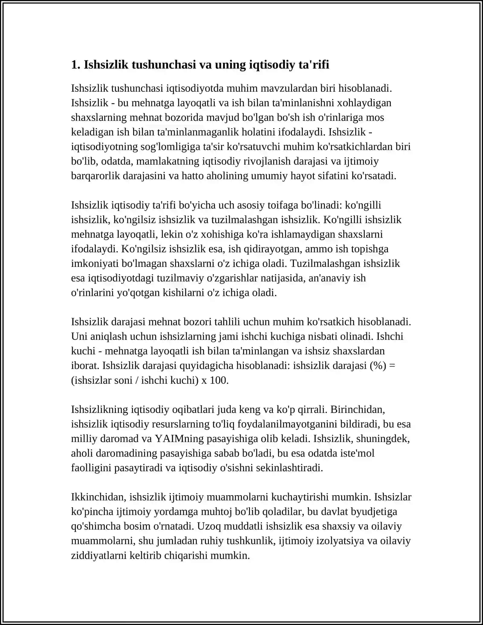 ISHSIZLIK TUSHUNCHASI VA ISHSIZLIK DARAJASINING O'LCHANISHI. ISHSIZLIKNING IQTISODIY OQIBATLARI. A.OUKEN QONUNI 3