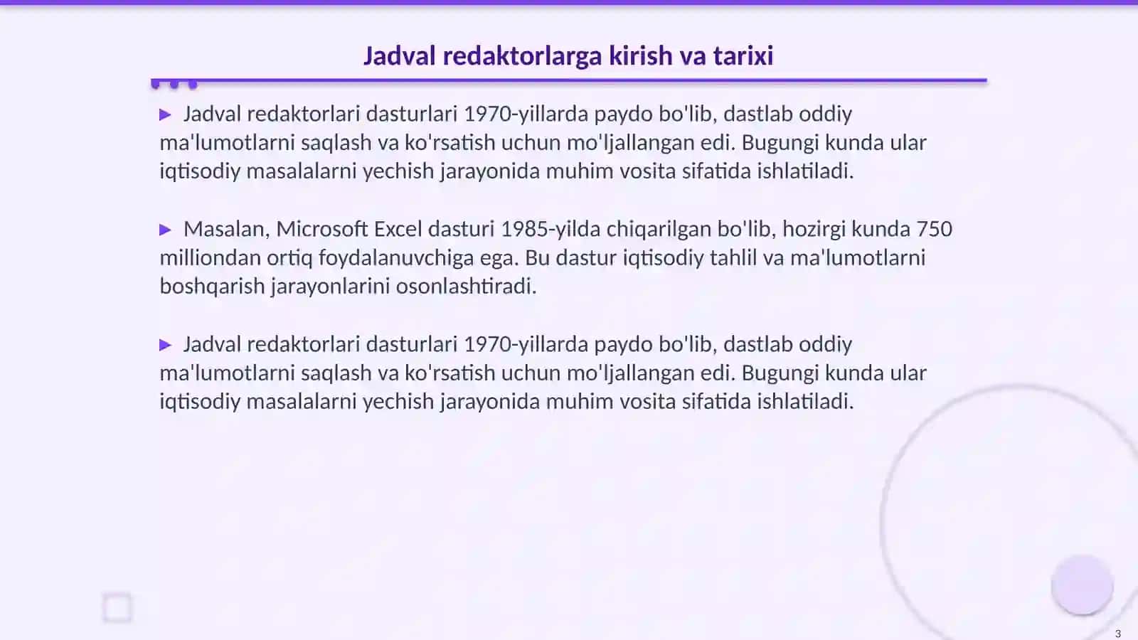 Jadval redaktorlardan iqtisodiy masalalarni yechish jarayonida foydalanish 3